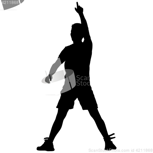 Image of Black silhouettes man with arm raised. illustration