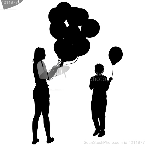 Image of Black silhouettes of woman gives child a balloon. illustration