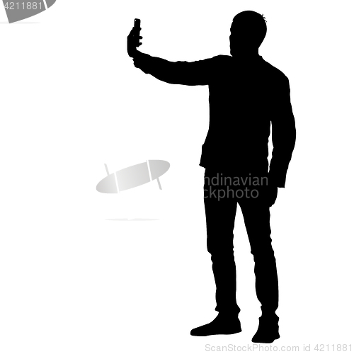 Image of Silhouettes man taking selfie with smartphone on white background. illustration