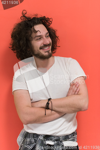 Image of young man with funny hair over color background