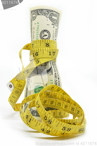 Image of One dollars US money in measuring tape