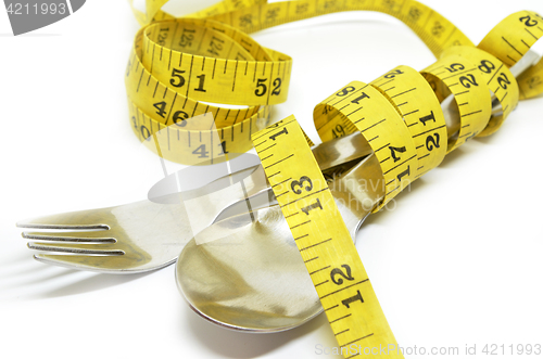 Image of Steel spoon a fork and measuring tape
