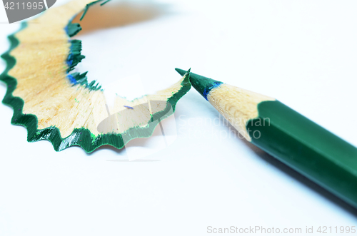 Image of Sharpened green color pencil and wood shavings