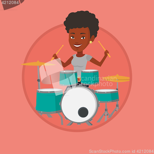 Image of Woman playing on drum kit vector illustration.