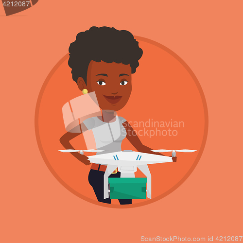 Image of Woman controlling delivery drone with post package