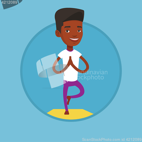 Image of Man practicing yoga tree pose vector illustration.