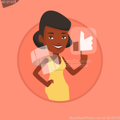 Image of Woman pressing like button vector illustration.