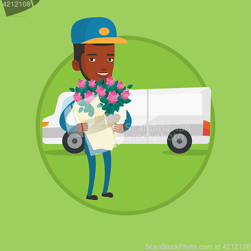 Image of Delivery courier holding bouquet of flowers.