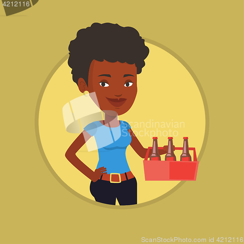 Image of Woman with pack of beer vector illustration.