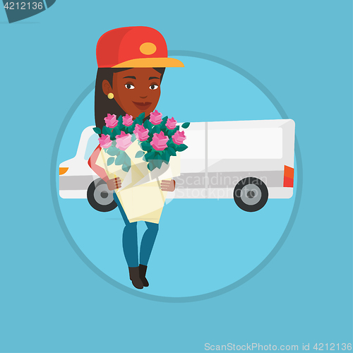 Image of Delivery courier holding bouquet of flowers.