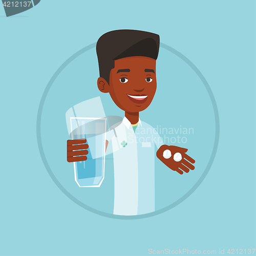 Image of Pharmacist giving pills and glass of water.