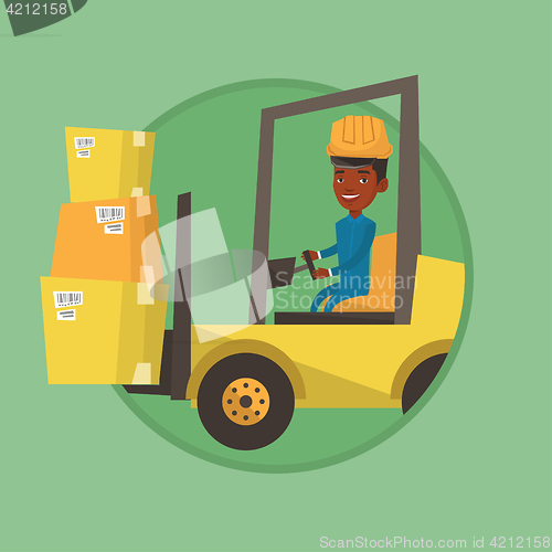 Image of Warehouse worker moving load by forklift truck.