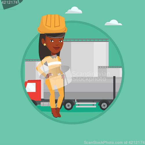 Image of Worker on background of fuel truck and oil plant.