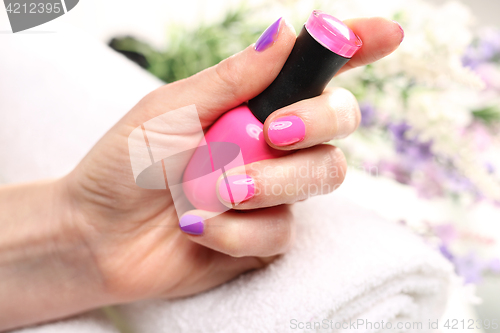 Image of A beauty salon, a colorful manicure Styling nail color nail polish Pastel nails pink nail polish