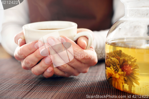 Image of Blooming tea brewed in a glass jug. Blooming tea.