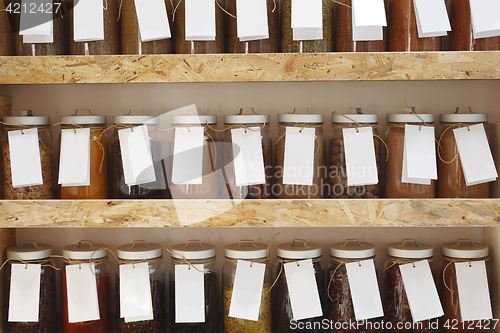 Image of Shop with spices weight. Spices on the shelf. 