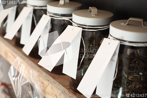 Image of Shop with spices weight. Spices on the shelf. 