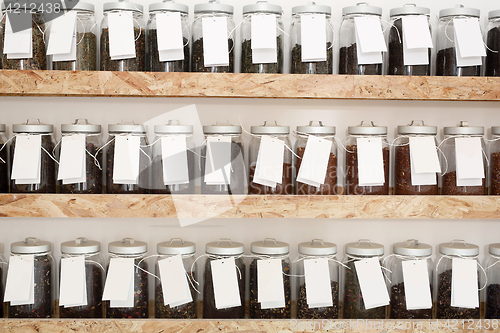 Image of Shop with spices weight. Spices on the shelf. 