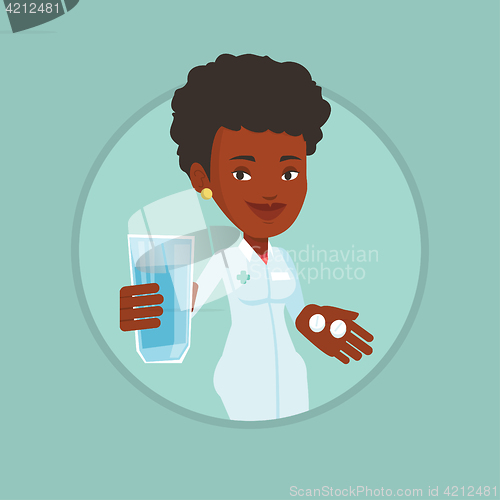 Image of Pharmacist giving pills and glass of water.