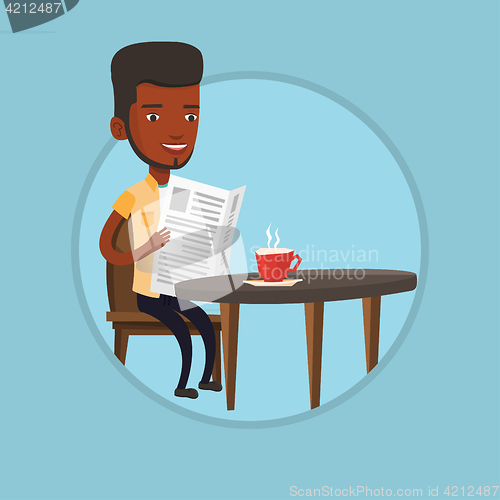 Image of Man reading newspaper and drinking coffee.