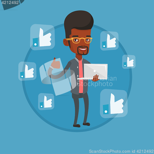 Image of Man with thumb up and like social network buttons.