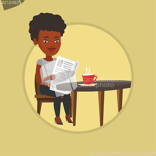 Image of Woman reading newspaper and drinking coffee.