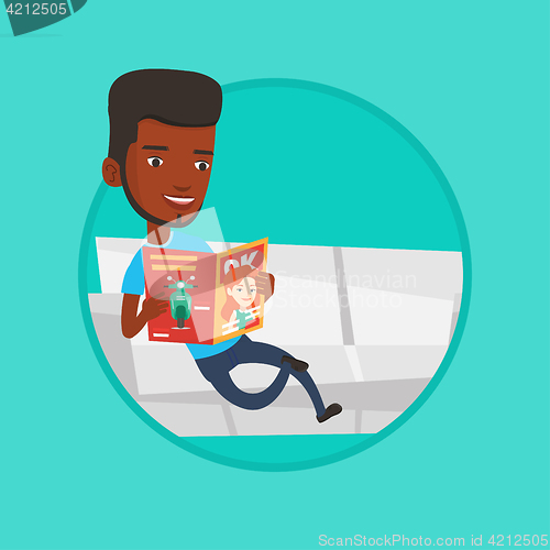 Image of Man reading magazine on sofa vector illustration.