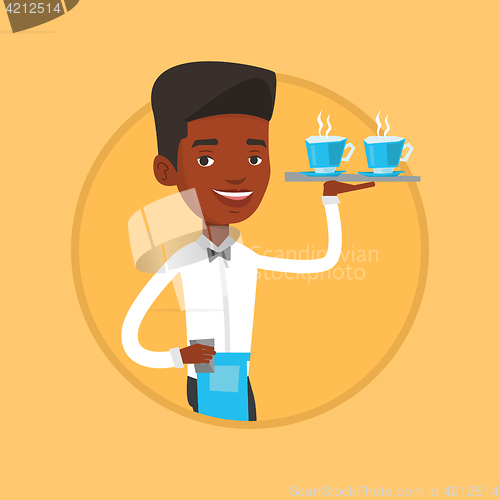 Image of Waiter holding tray with cups of coffeee or tea.