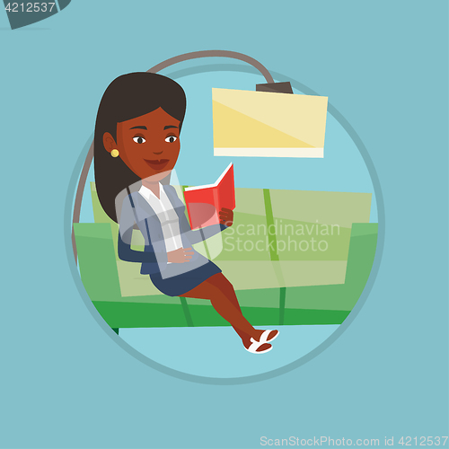 Image of Woman reading book on sofa vector illustration.