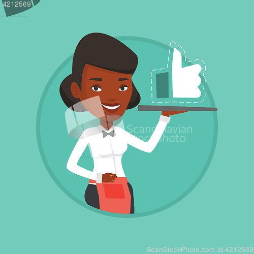 Image of Waitress with like button vector illustration.