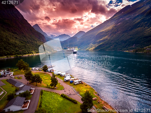 Image of Geiranger fjord, Norway aerial photography.