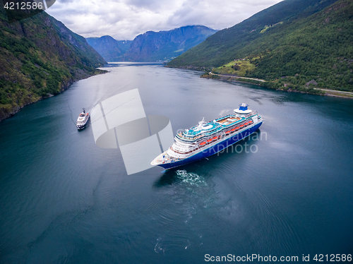 Image of Cruise Ship, Cruise Liners On Sognefjord or Sognefjorden, Norway