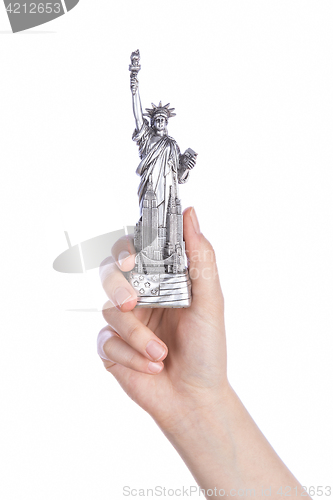 Image of Hand holding a Statue of Liberty souvenir toy