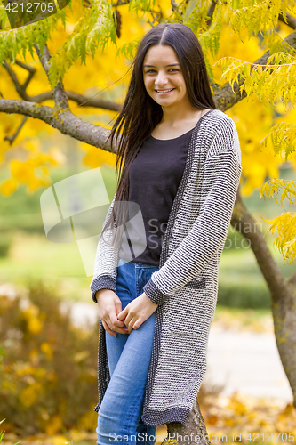 Image of portrait of pretty teen girl in autumn park  