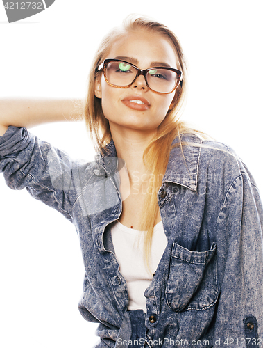 Image of young pretty girl teenager in glasses on white isolated blond ha