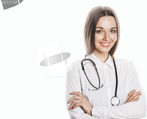 Image of young pretty woman doctor with stethoscope on white background 