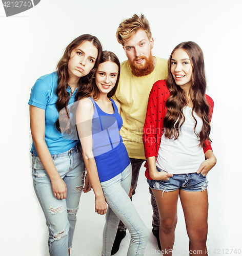 Image of company of hipster guys, bearded red hair boy and girls students having fun together friends, diverse fashion style, lifestyle people concept isolated on white background
