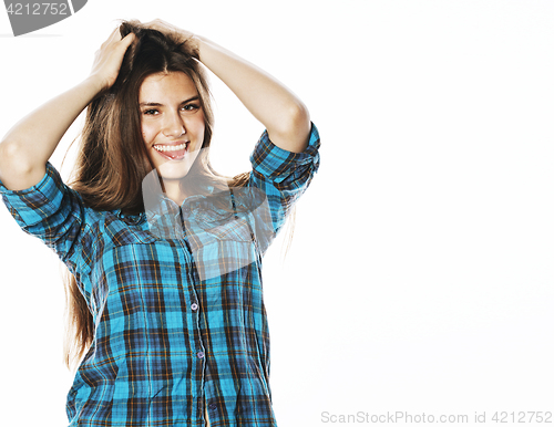 Image of young pretty woman posing on white background isolated emotional