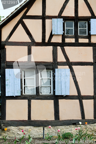 Image of Half timbered house with blue shutter  at the ecomusee in Alsace