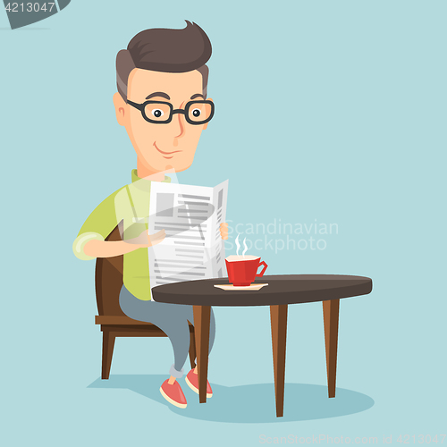 Image of Man reading newspaper and drinking coffee.