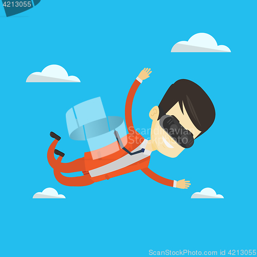Image of Businessman in vr headset flying in the sky.