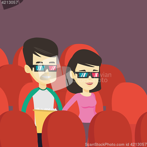 Image of Happy friends watching 3D movie in the theatre.