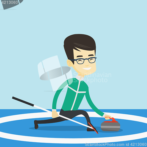 Image of Curling player playing curling on curling rink.