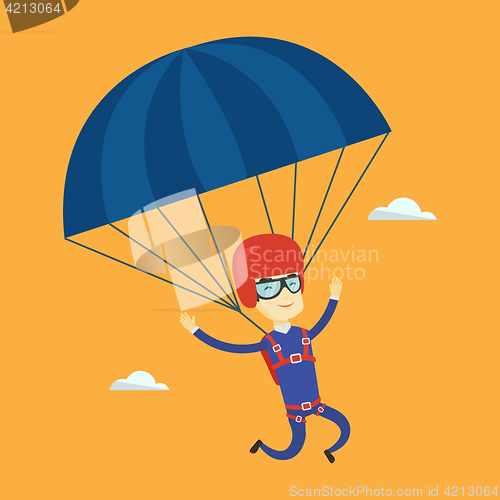 Image of Young happy man flying with parachute.