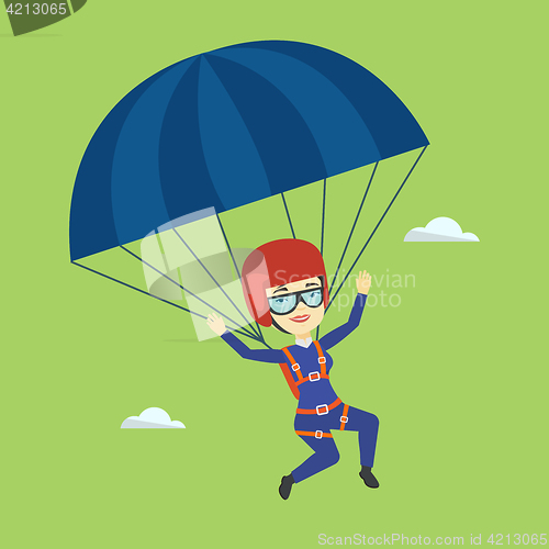 Image of Young happy woman flying with parachute.