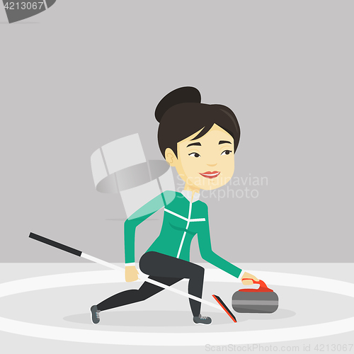 Image of Curling player playing curling on curling rink.