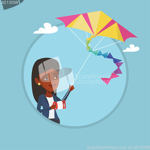 Image of Young woman flying kite vector illustration.