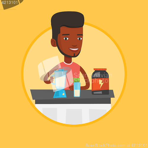 Image of Young man making protein cocktail.