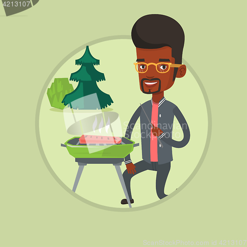 Image of Man cooking steak on barbecue vector illustration.