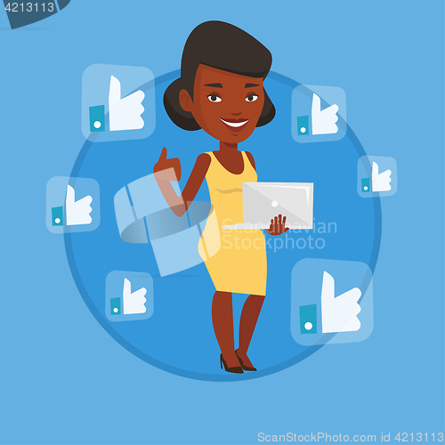 Image of Woman with like social network buttons.